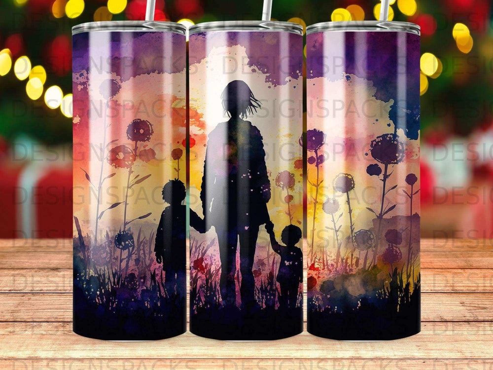 Silhouette of parent holding hands with two children against a colorful floral landscape.