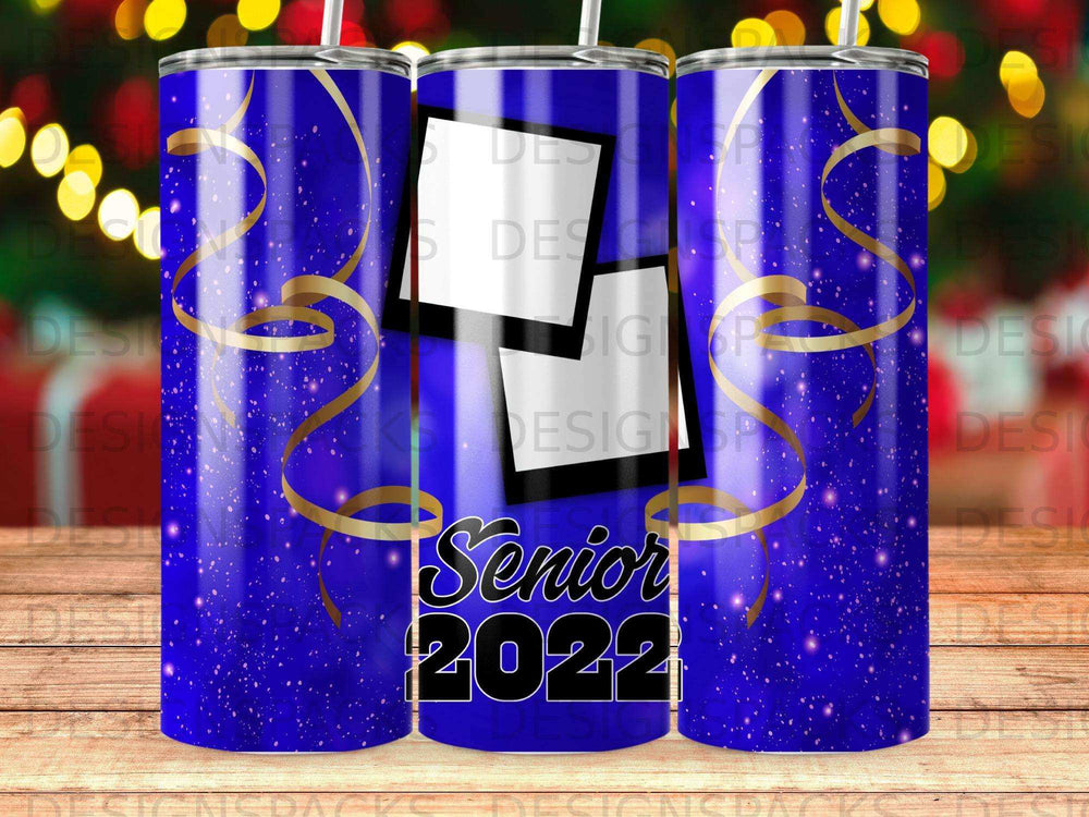 Blue tumbler with glitter, gold ribbons, and "Senior 2022" text.