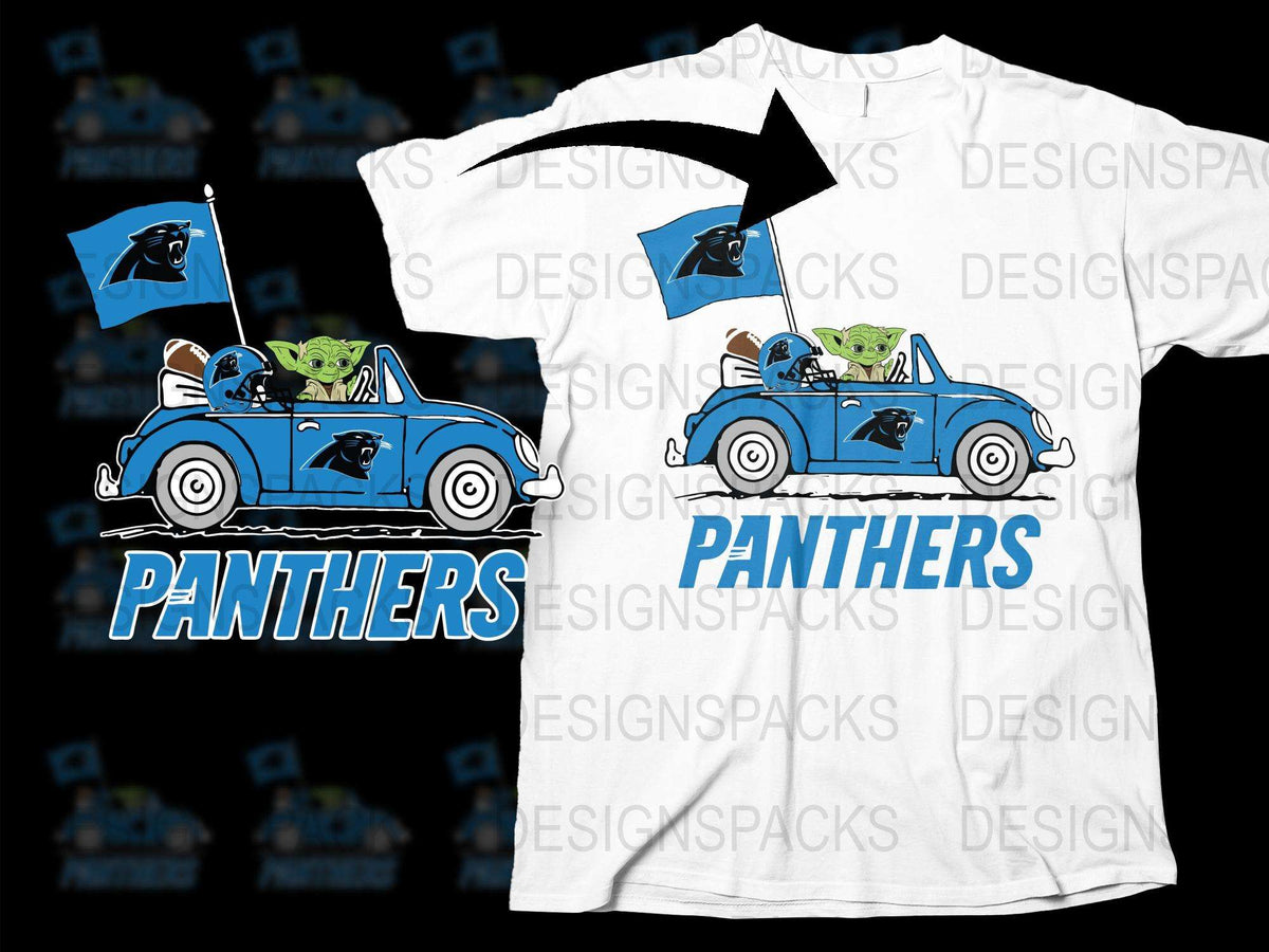 Cartoon Panthers and Yoda Riding Classic Car Graphic T-Shirt, Fun Printed Tee for All Ages