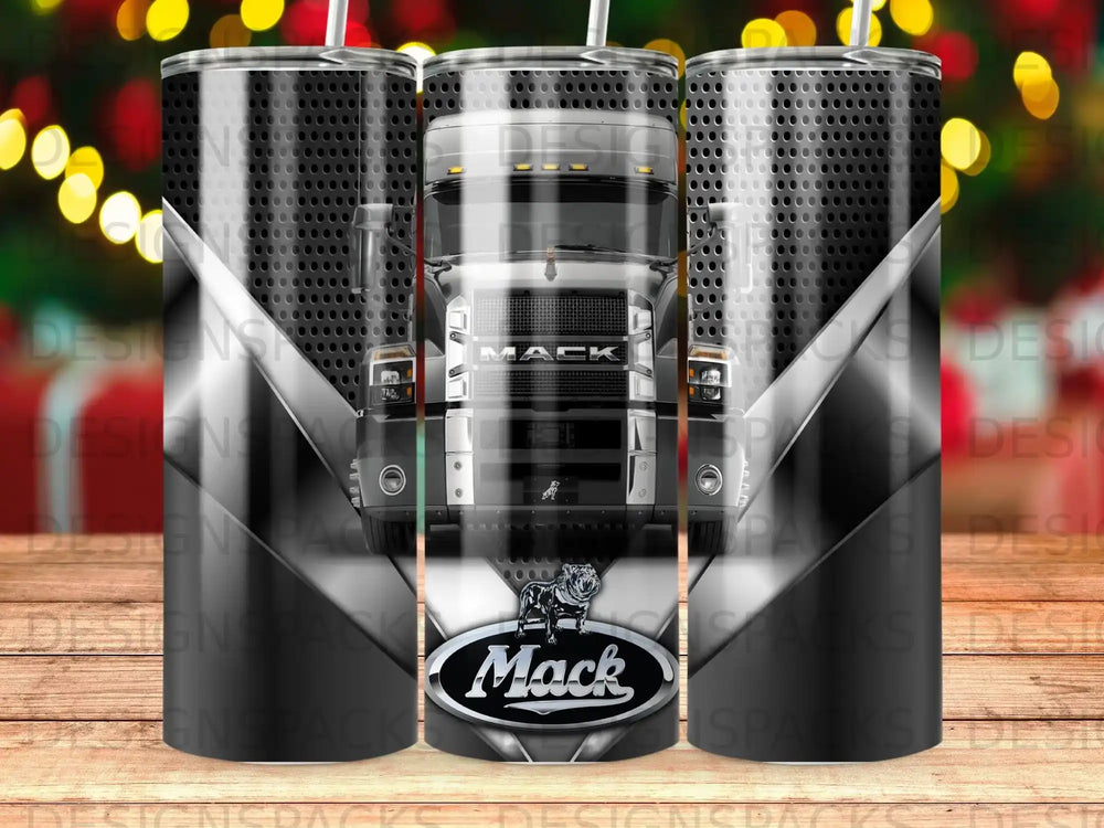 Mack truck logo on a patterned tumbler with chrome and checkered background.