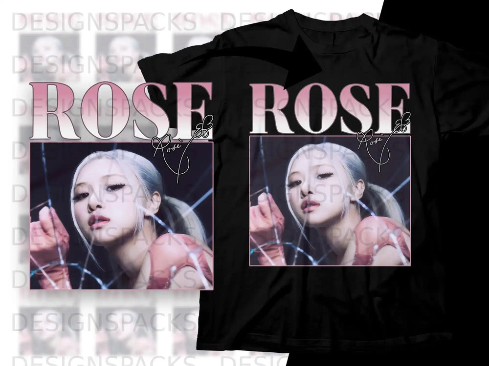 Rosé from BLACKPINK on a t-shirt design with "ROSE" text.
