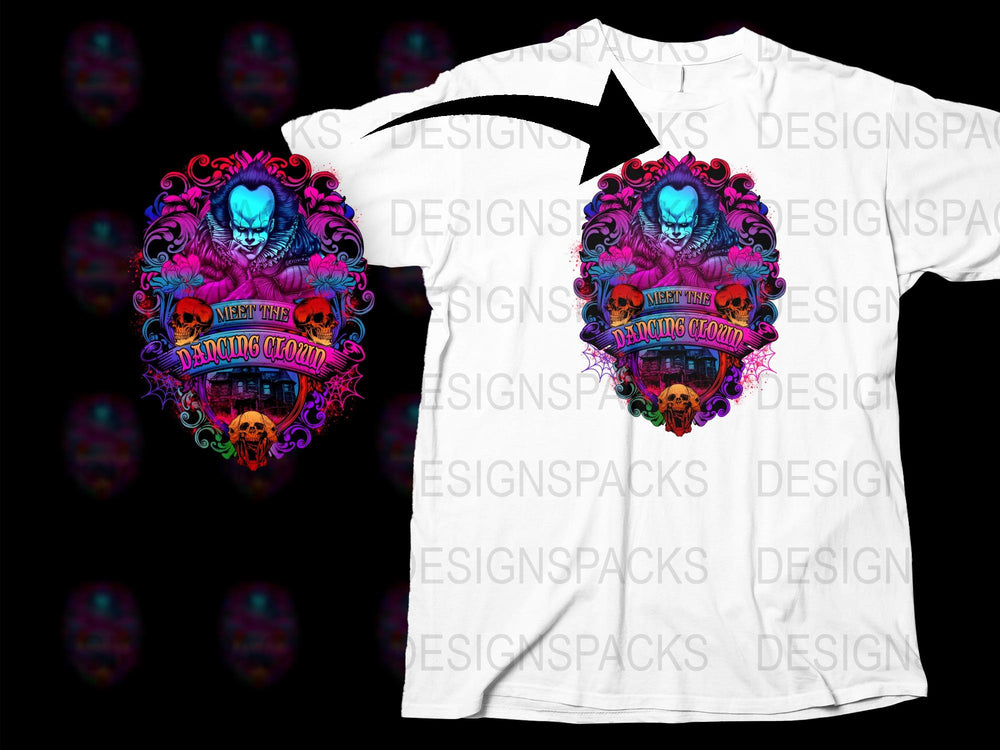 Men's Graphic Tee, Neon Skull Dancing Clown Design, Vibrant Halloween Shirt
