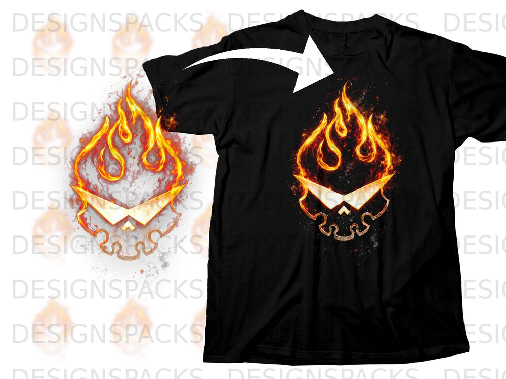Black t-shirt with fiery skull graphic and white arrow overlay.