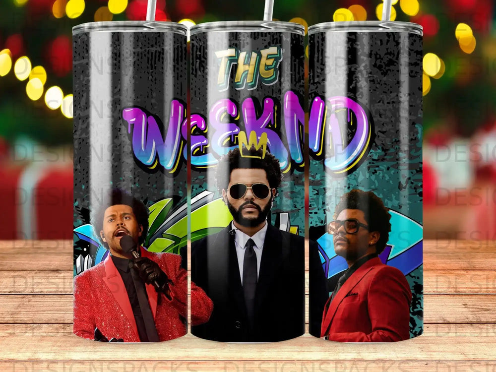 The Weeknd album art with stylized text and artist's portrait.
