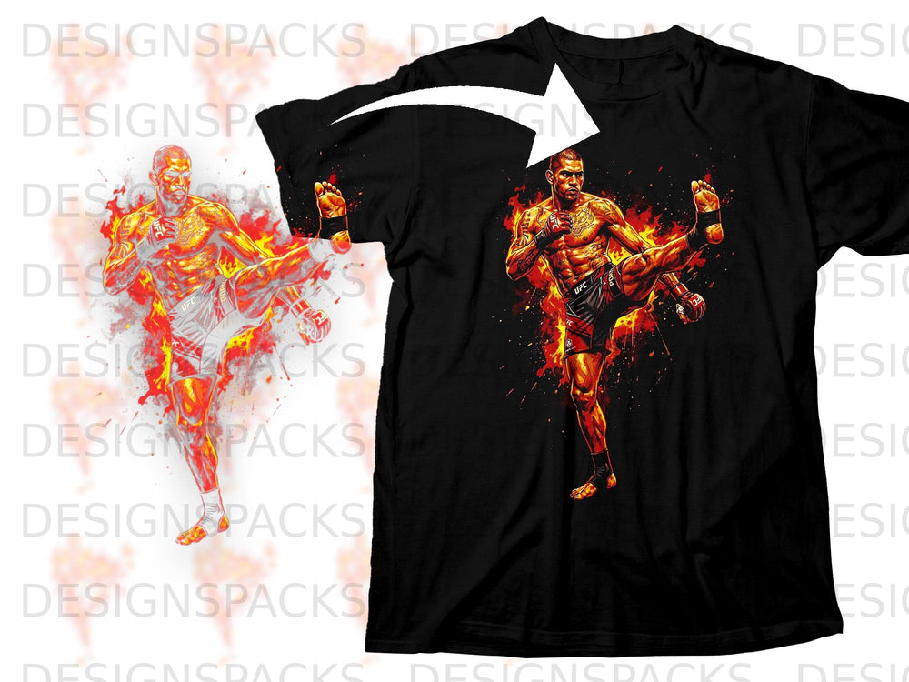 Black t-shirt with martial artist kicking, surrounded by flames.
