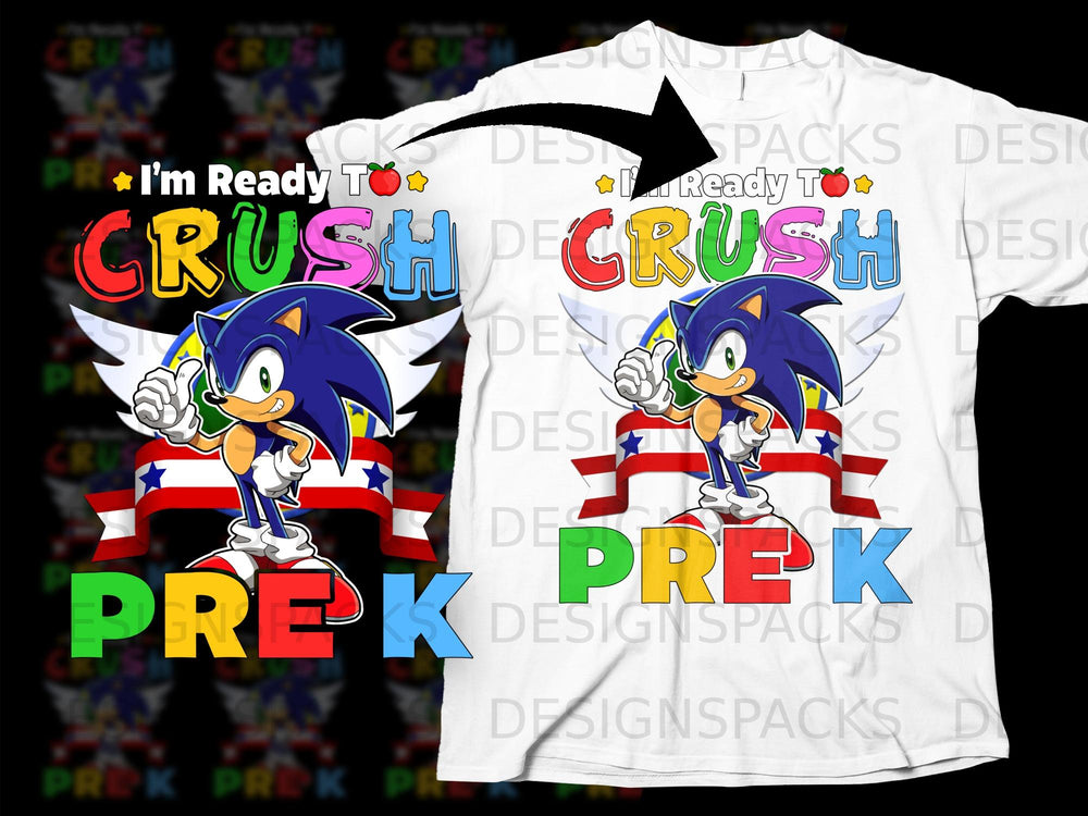 Sonic the Hedgehog graphic on a white t-shirt says "I'm Ready To CRUSH PRE-K".