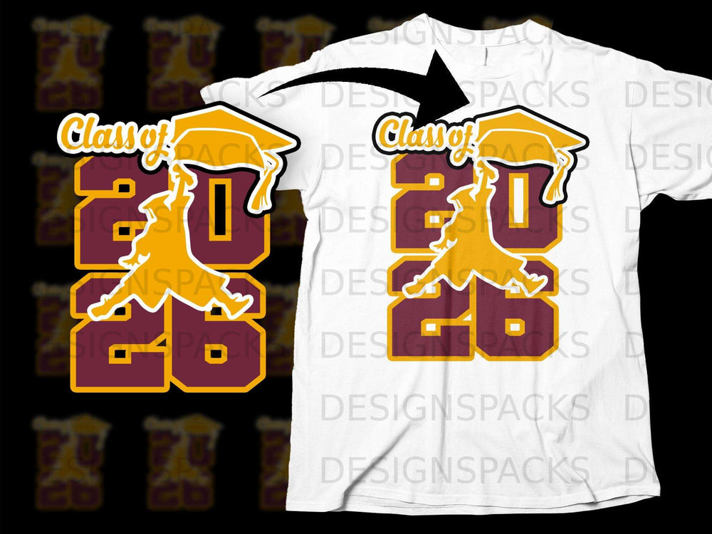 Graduation graphic with "Class of 2026" and silhouette on a white t-shirt.