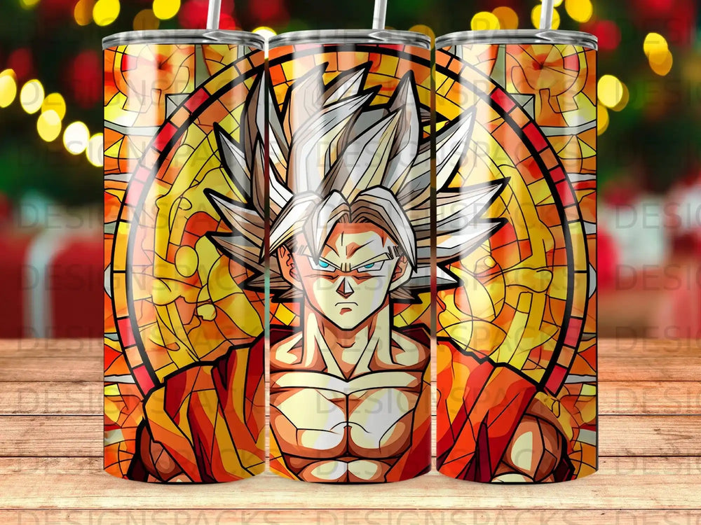 Goku with spiky white hair in front of a stained-glass window.