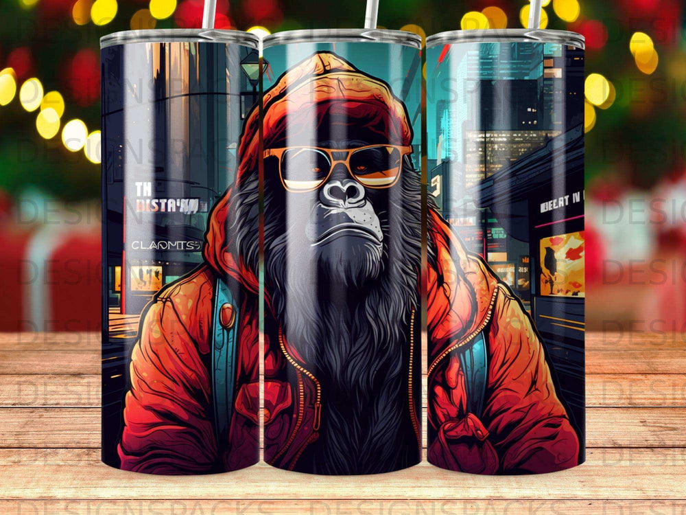 Gorilla wearing sunglasses and hoodie in urban night scene.