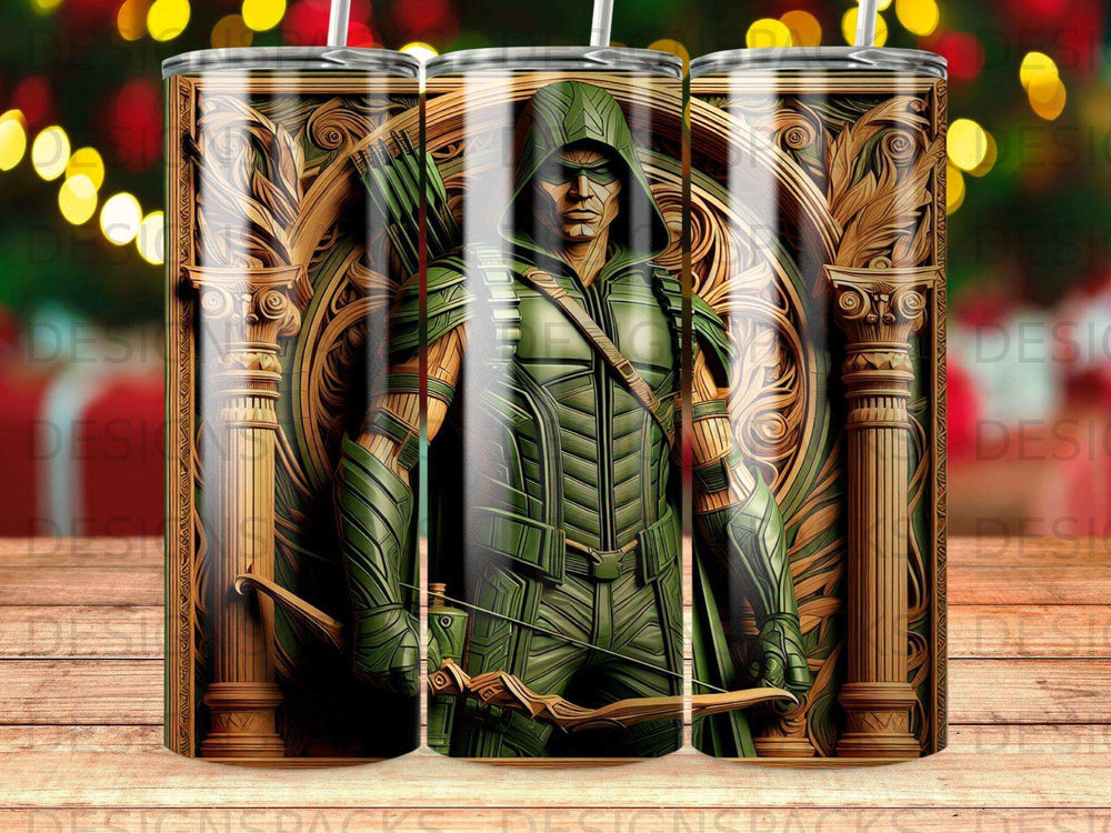 Green Arrow character in costume with bow and arrow, stylized background.