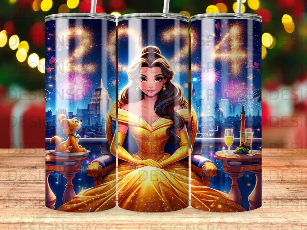 Belle in golden gown seated with Lumiere and fireworks, Disney movie poster style.