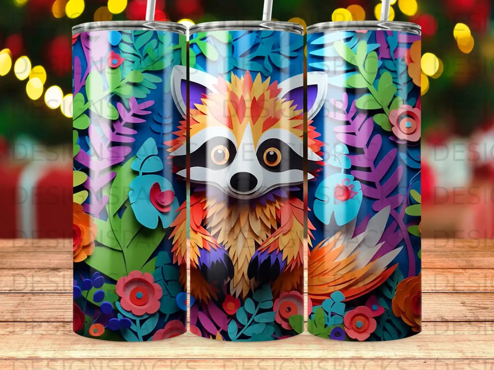 Raccoon and floral pattern on a tumbler.