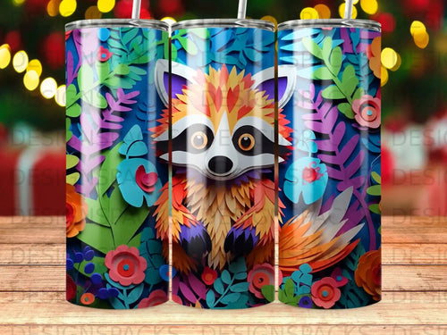 Raccoon and floral pattern on a tumbler.