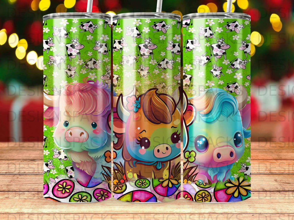Three cartoon cows with colorful manes and floral designs on a green background.