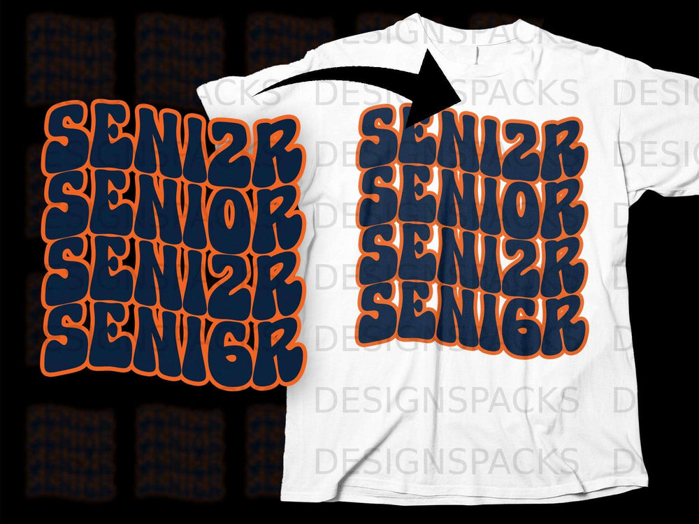 "Senior" repeated four times in bold, bubbly navy letters with orange outlines.