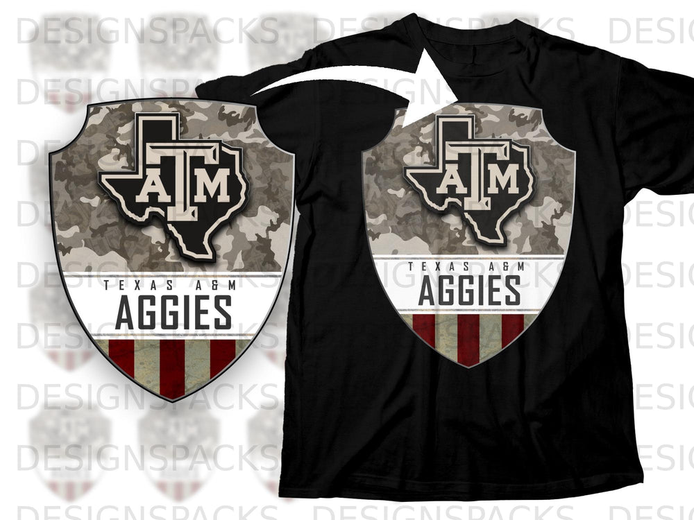 Texas A&M Aggies shield logo on a black t-shirt with camouflage and stripes.