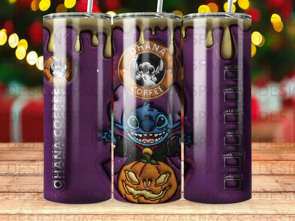 OHANA COFFEE tumbler with Stitch dressed as a vampire, holding a pumpkin.