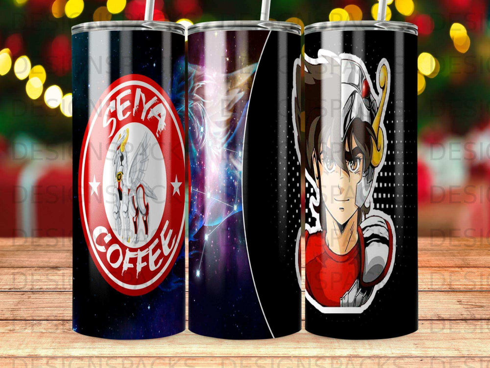 Seiya and Pegasus constellation on a black tumbler with coffee logo.