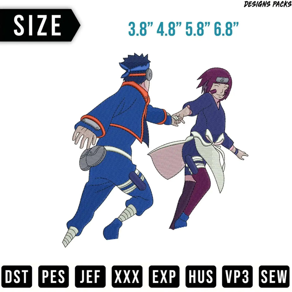 Naruto and Sakura characters in action, embroidery design sizes and file types.