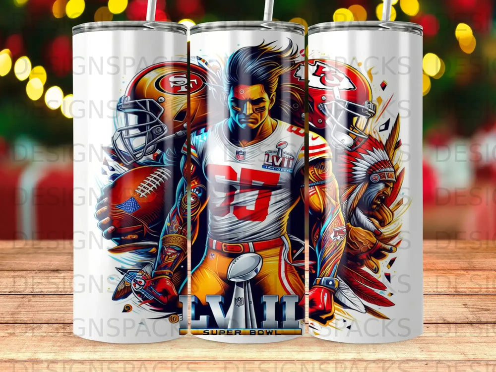 Football player with Lombardi trophy, helmets, and Super Bowl LVII logo.