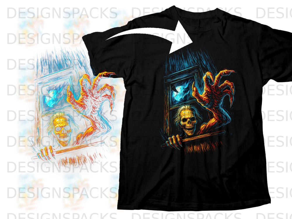 Black t-shirt featuring a horror graphic of a skeletal creature reaching through a window.