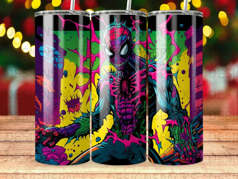 Spiderman in a dynamic pose against a vibrant, abstract background.