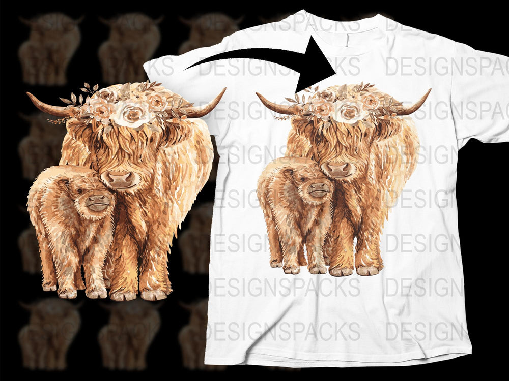 Highland Cow T-Shirt, Floral Crown Cattle Print, Boho Chic Animal Graphic Tee, White Unisex Adult Clothing