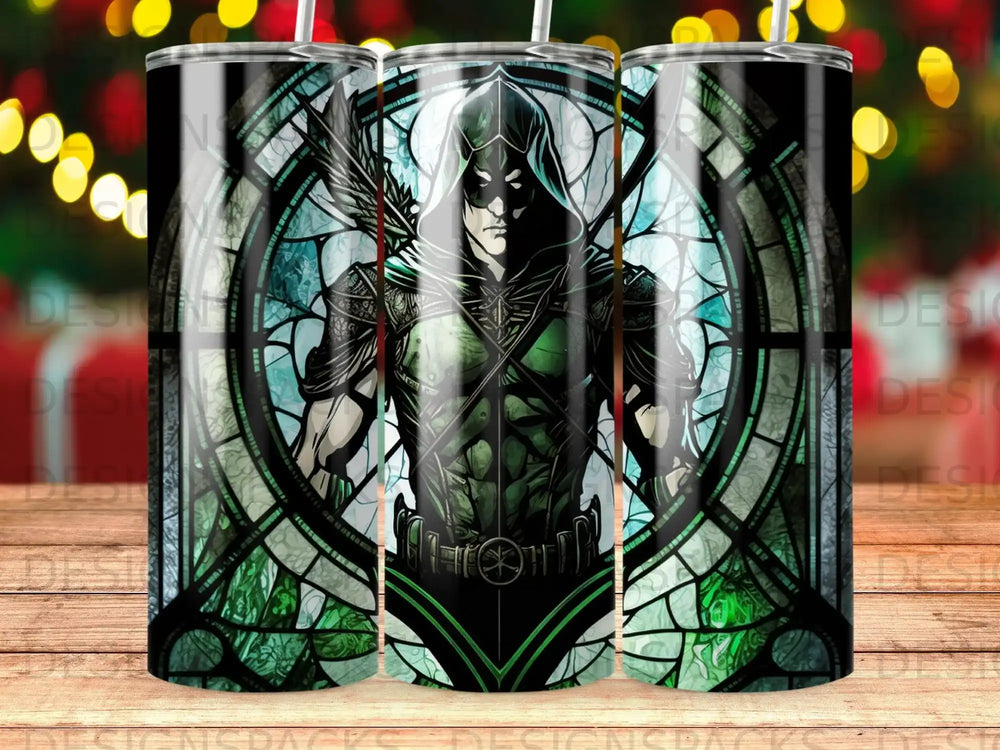 Green Arrow in stained glass design with bow and arrow.