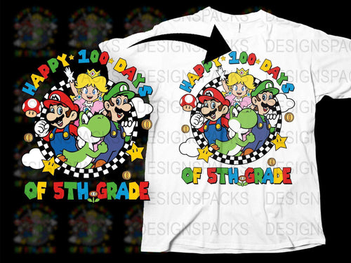 Happy 100th Day of 5th Grade T-Shirt, Super Mario Inspired School Celebration Tee, Colorful Cartoon Characters Kids Top