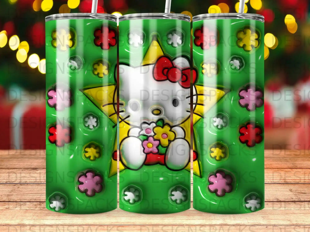 Green tumbler with Hello Kitty, stars, and flowers pattern.