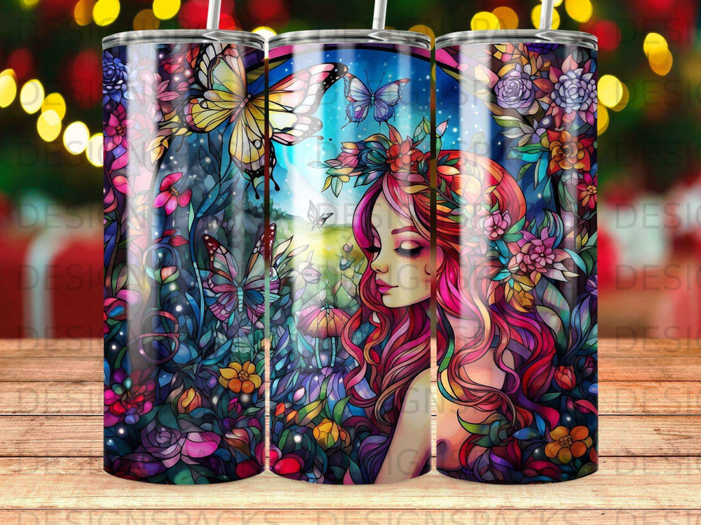 Woman with colorful hair and butterflies in a vibrant floral landscape.