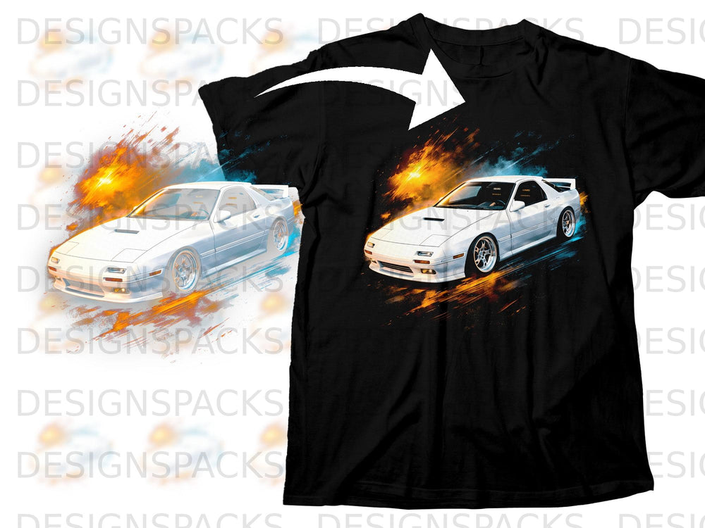 Black t-shirt with graphic of a white sports car in motion with fiery accents.