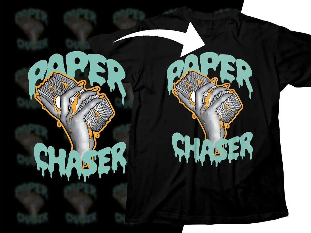 Paper Chaser design on black t-shirt with dripping teal text and cash graphic