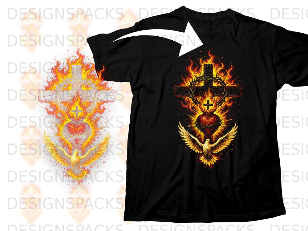 Black t-shirt with fiery cross, crown of thorns, heart, and dove design.