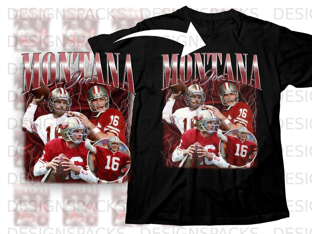 Joe Montana throwing a football, wearing a red 49ers jersey with number 16.