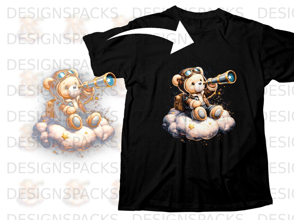 Teddy bear aviator with telescope sits on clouds with stars.
