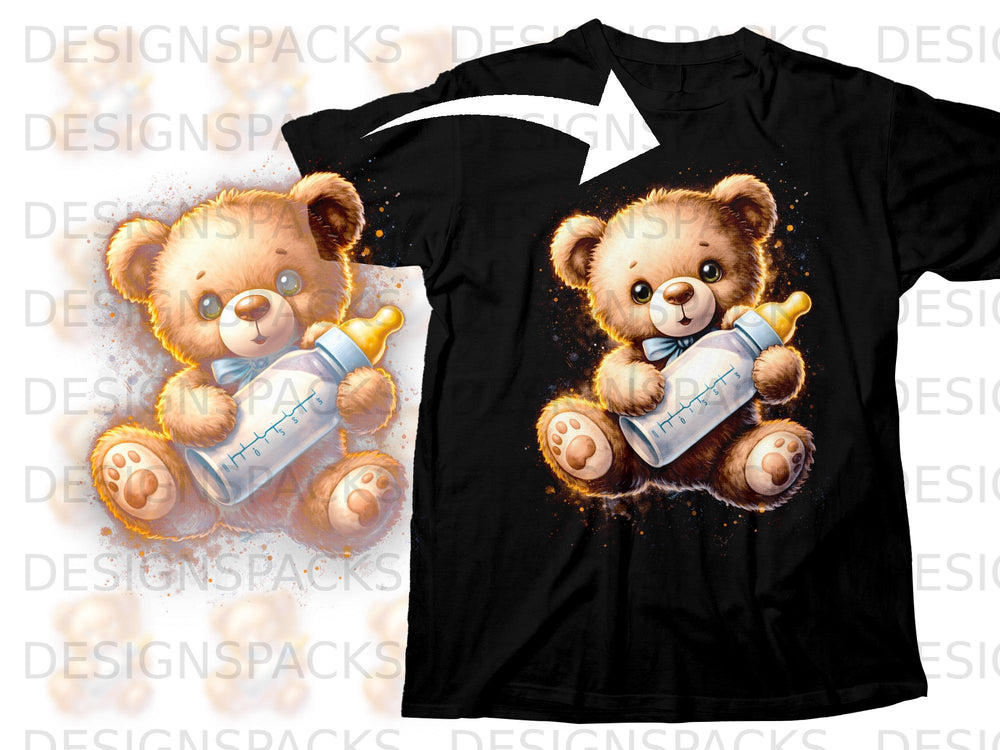Black t-shirt featuring a cartoon teddy bear holding a baby bottle.
