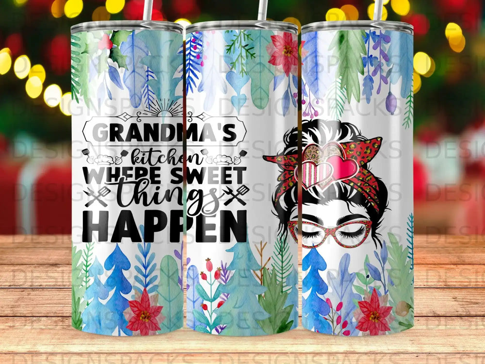 Tumbler with "Grandma's kitchen where sweet things happen" and a woman with a bandana.
