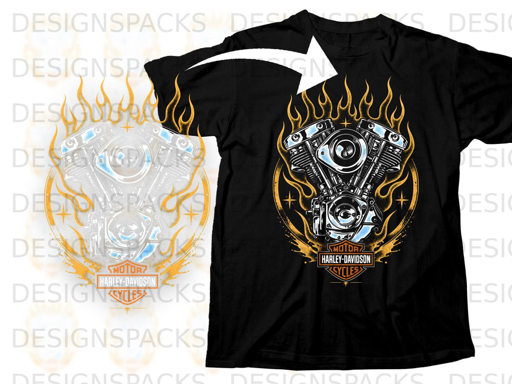 Black t-shirt featuring a Harley-Davidson motorcycle engine with flames.