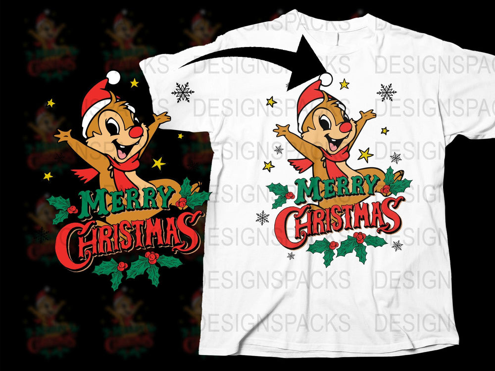 Merry Christmas T-Shirt, Festive Holiday Tee with Cartoon Chipmunk, Fun Family Christmas Apparel