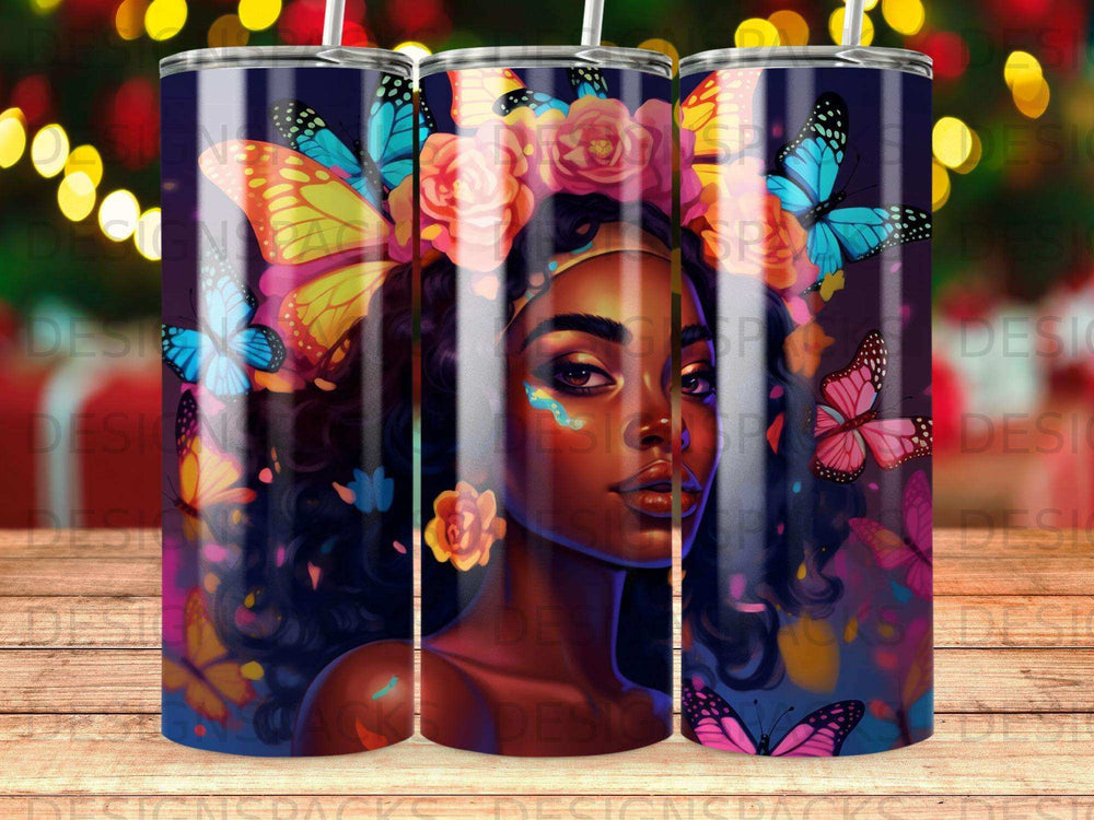 Woman with butterflies and flowers in hair, vibrant colors.