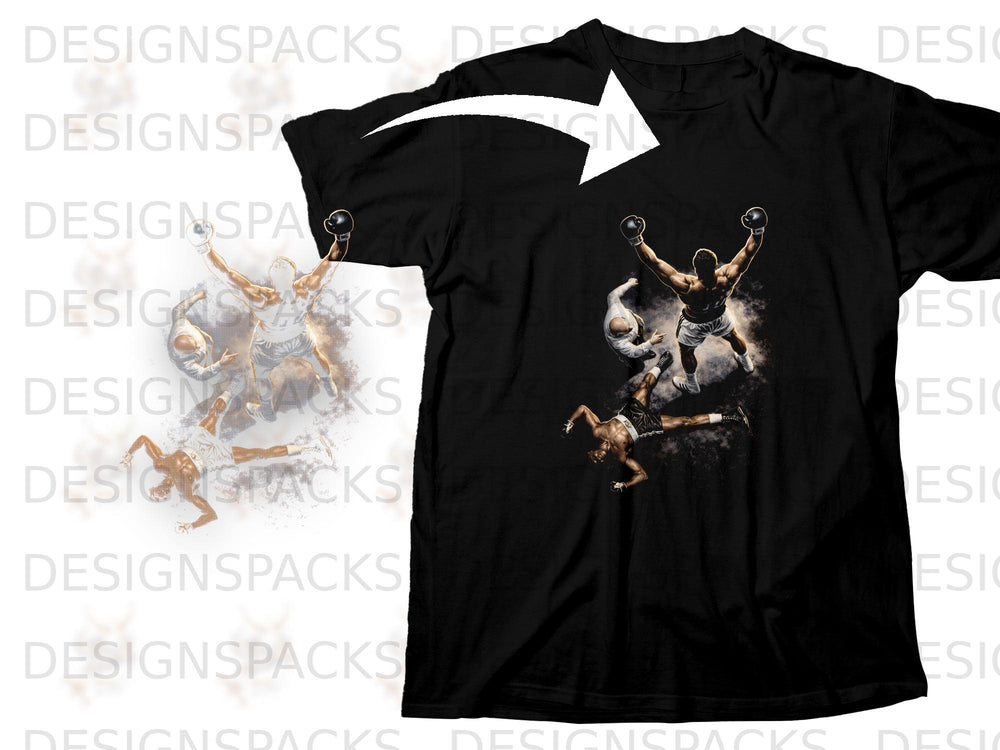 Black t-shirt with a boxing graphic showing a triumphant winner and fallen opponent.