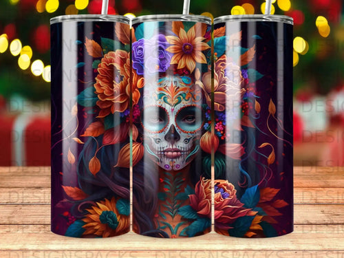 Sugar skull woman with flowers and vibrant colors.