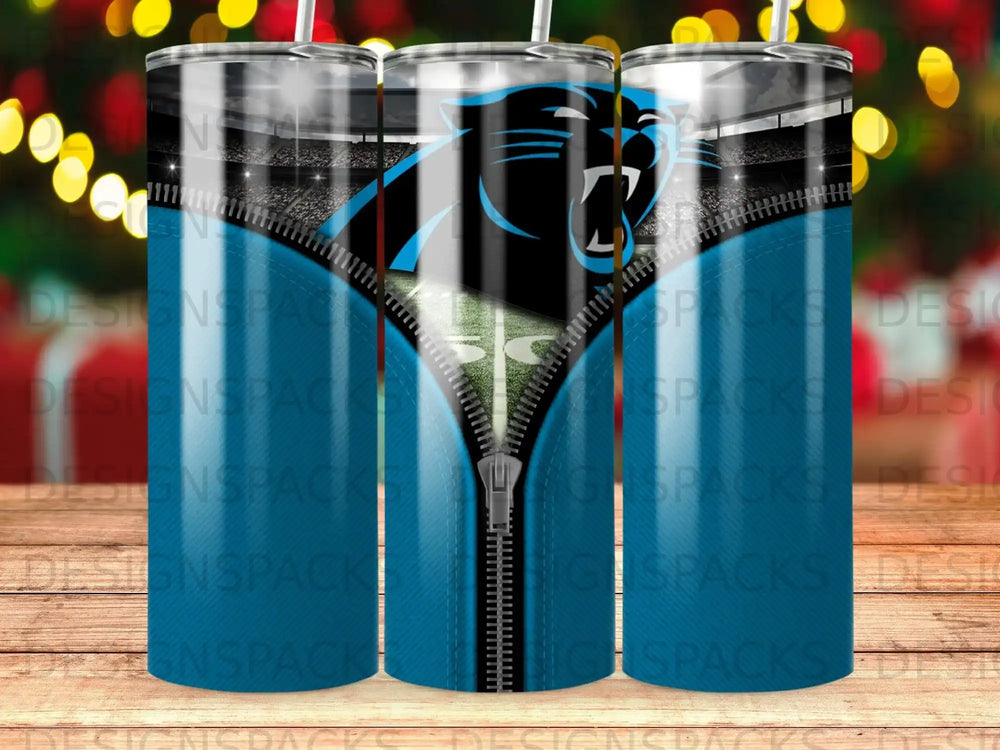 Carolina Panthers logo on a zipper-adorned tumbler with a football stadium background.