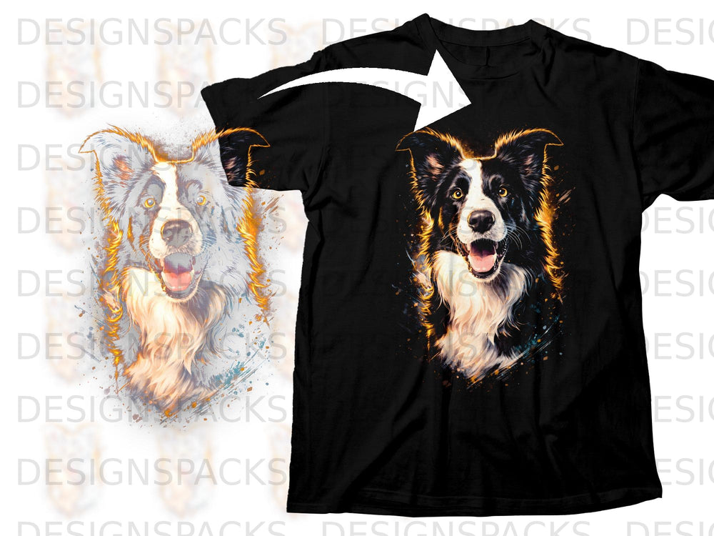 Black t-shirt featuring a vibrant watercolor-style portrait of a border collie.