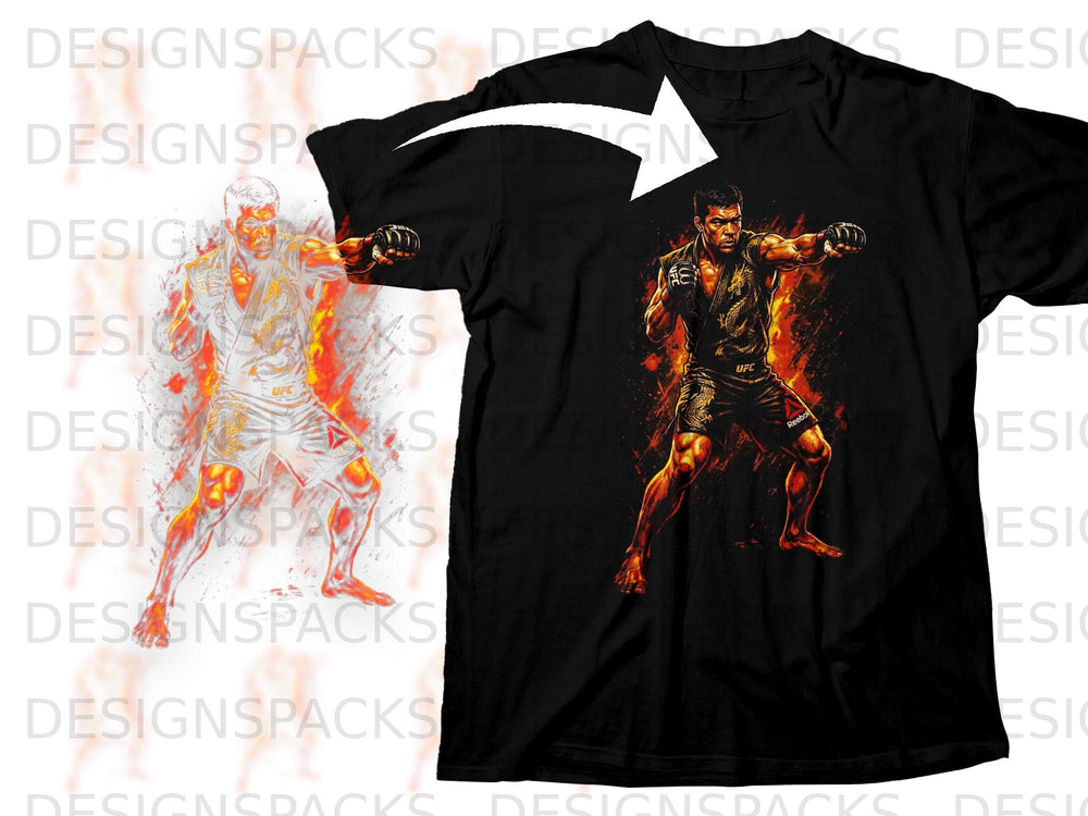Black t-shirt with UFC fighter graphic in a dynamic pose with flames.
