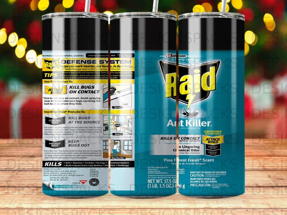 Raid Ant Killer spray can with a pine forest fresh scent, showing bug defense system tips.