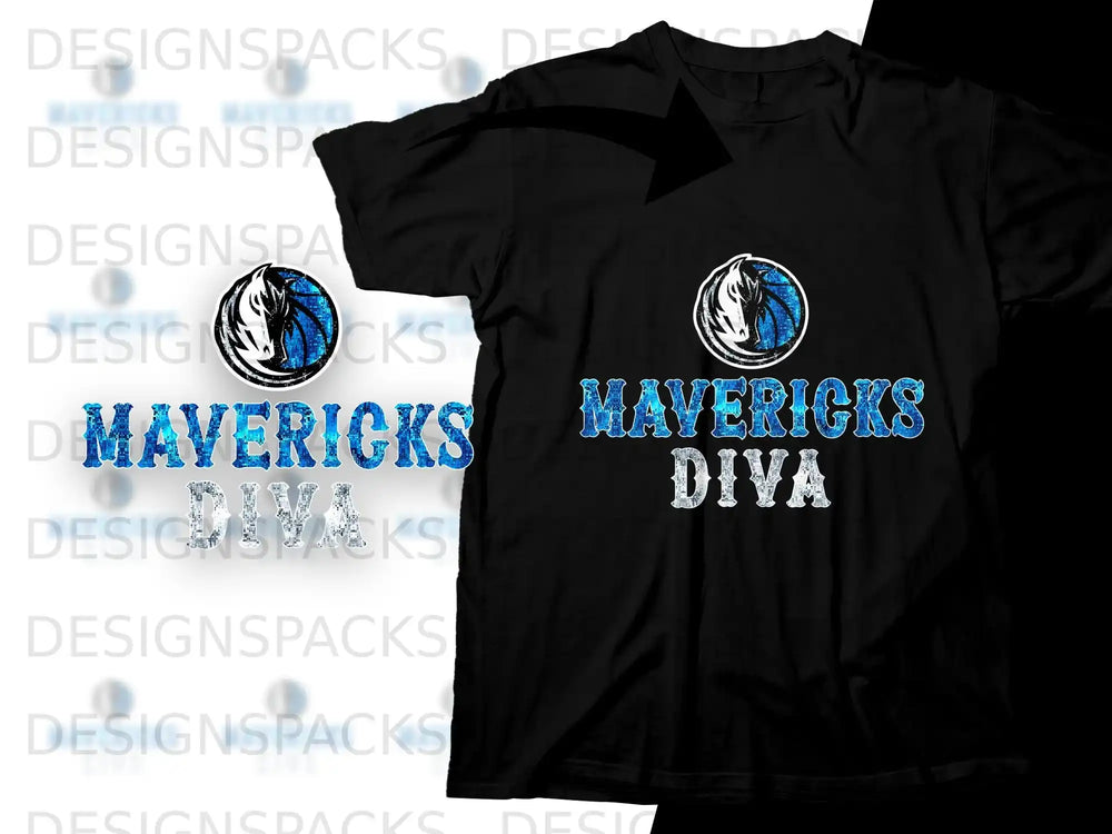 Black t-shirt with "MAVERICKS DIVA" text and a basketball team logo.