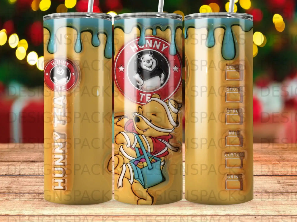 Winnie the Pooh character on a tumbler with "Hunny Tea" and drink ingredient labels.