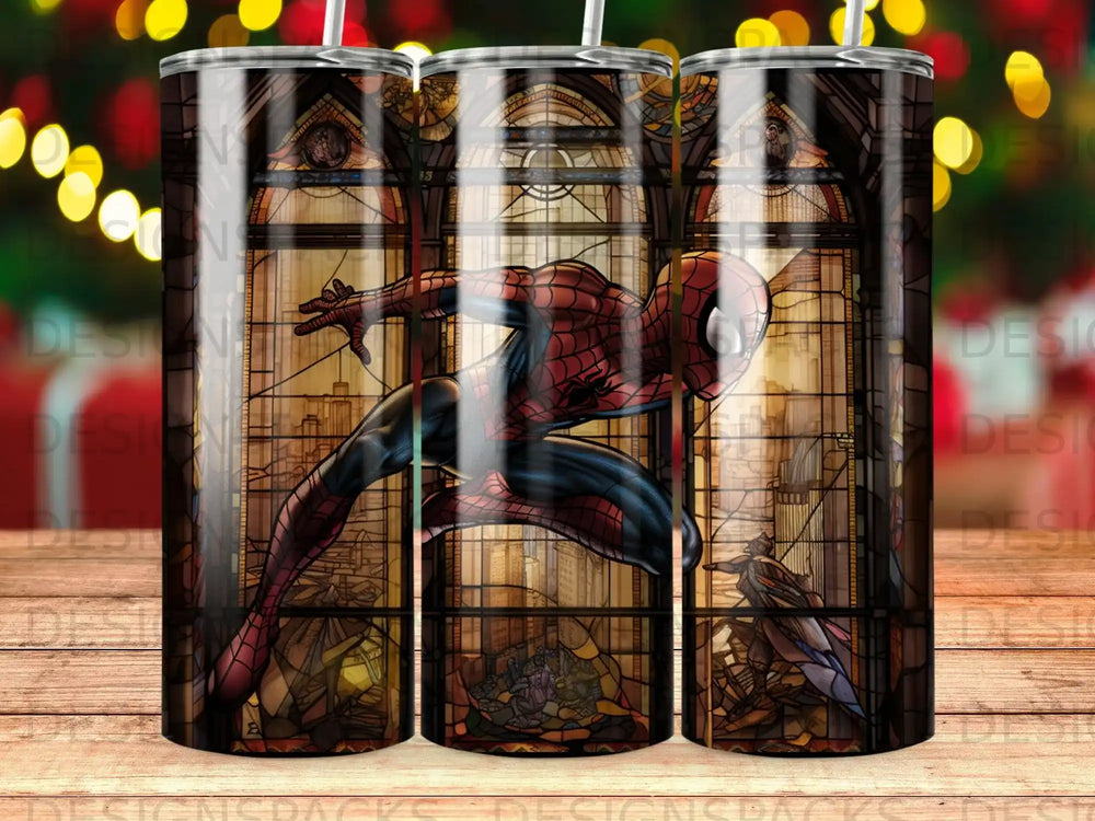 Spiderman leaping across a stained glass background.